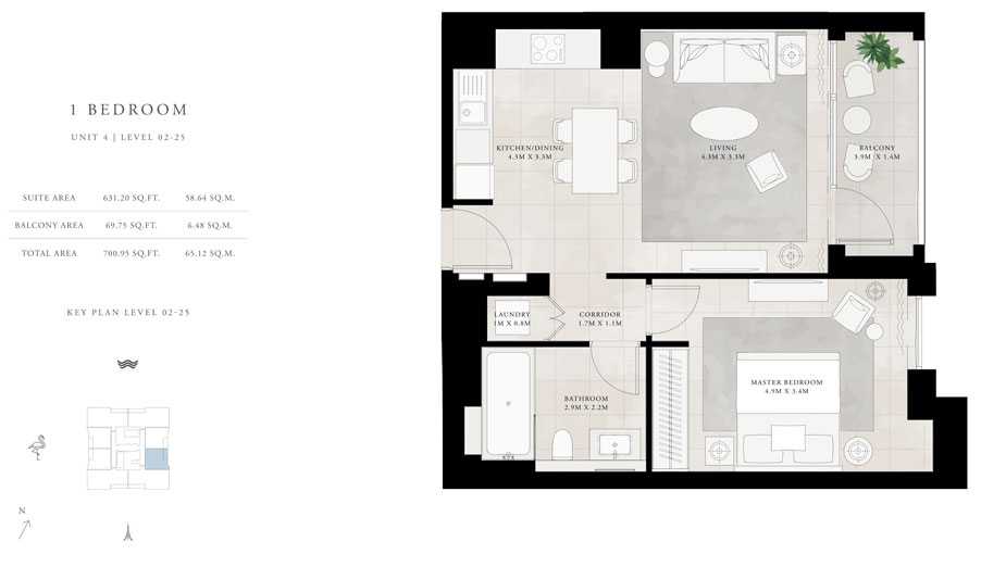 1-Bed, Unit-4, Level-2-25, Total-Area-700.95-sq.ft